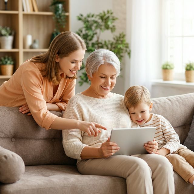 Família usando tecnologia com afeto